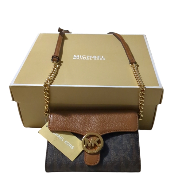 *New*Michael Kors Monogram Black & Tan Leather Crossbody Purse - Picture 13 of 16